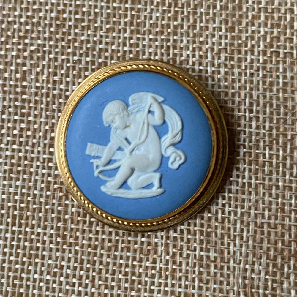 Vintage Wedgwood Blue and 12k Brooch with Cupid.